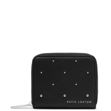 Black wallet with silver studs and 'Katie Loxton' branding on a white background