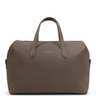 Brown leather bag with gold zipper on a white background