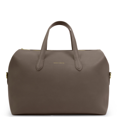 Brown leather bag with gold zipper on a white background