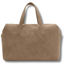 beige suede weekend bag wit gold Katie Loxton branding