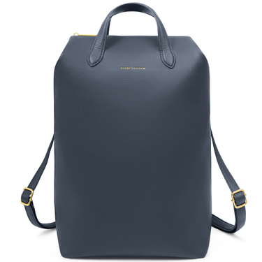 Navy blue backpack with gold accents on a white background