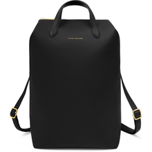 Black backpack with gold accents on a white background