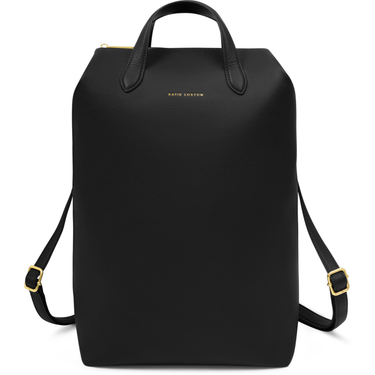 Black backpack with gold accents on a white background