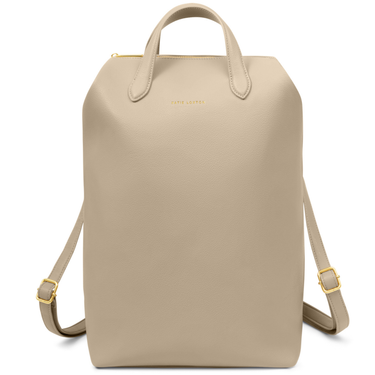 Beige backpack with gold accents on a white background