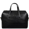 A black crocodile-embossed leather handbag with dual top handles and gold-tone hardware, photographed against a clean white background.