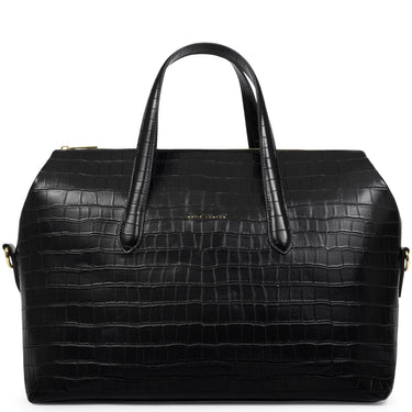 A black crocodile-embossed leather handbag with dual top handles and gold-tone hardware, photographed against a clean white background.