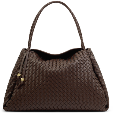 Brown woven handbag on a white background