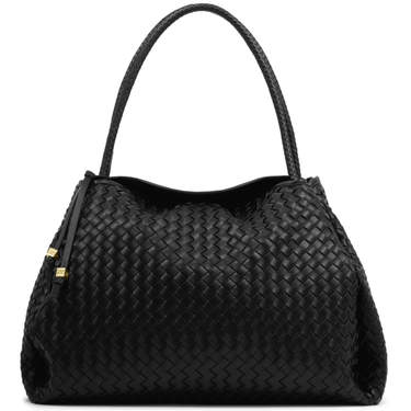 Black woven handbag on a white background