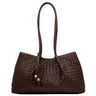 A dark brown woven leather tote bag with braided shoulder straps and small gold-tone hardware, shown on a plain white background.