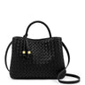 Black woven leather handbag with a top handle, shoulder strap, and small gold-tone hardware on a plain white background.