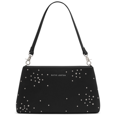 Black handbag with silver studs and 'Katie Loxton' branding on a white background