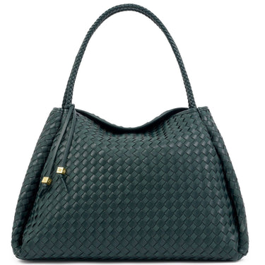 A dark green woven leather handbag with a braided top handle and a small leather tassel detail with gold-tone hardware, shown against a plain white background.