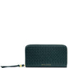 A dark green quilted leather zip-around wallet by Katie Loxton, featuring a gold logo and a matching leather wristlet strap with a gold accent, set against a plain white background.