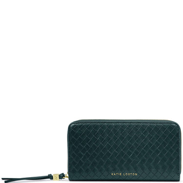 A dark green quilted leather zip-around wallet by Katie Loxton, featuring a gold logo and a matching leather wristlet strap with a gold accent, set against a plain white background.