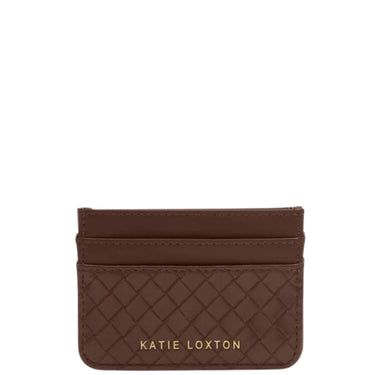 A brown leather card holder with a quilted pattern and gold 'KATIE LOXTON' branding, shown against a plain white background.