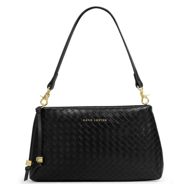 Black woven handbag with gold accents on a white background
