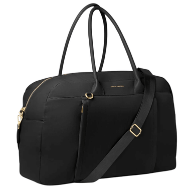 Black handbag with gold accents on a white background
