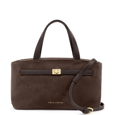 A dark brown suede handbag by Katie Loxton with a matching leather strap and a gold-tone turn-lock closure on the front, set against a plain white background.
