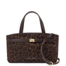 A brown leopard print handbag by Katie Loxton, featuring dark brown leather handles, a matching front strap with a gold-tone clasp, and a detachable shoulder strap, set against a plain white background.