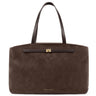 A dark brown suede tote bag with dark brown leather handles and a gold-tone metal logo clasp on the front, shown against a plain white background.