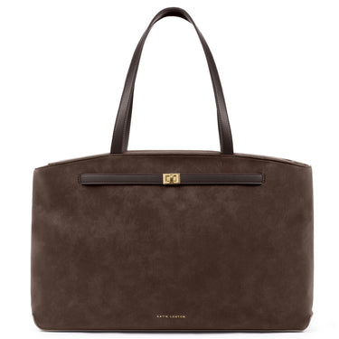 A dark brown suede tote bag with dark brown leather handles and a gold-tone metal logo clasp on the front, shown against a plain white background.