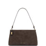 A dark brown suede shoulder bag with a slim black leather strap and gold-tone hardware, featuring the 'KATIE LOxTON' brand name in gold on the front.