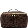 A Katie Loxton brown leopard print cosmetic bag with a top handle, gold zippers, and tassel pulls on a white background.