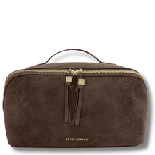 brown suede make up bag with gold zips