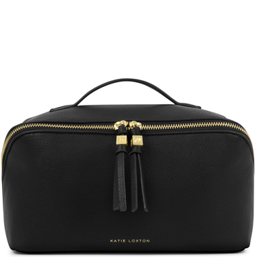 Black leather bag with gold zipper and tassels on a white background