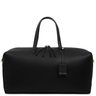 Black duffel bag with handle and visible brand name on a white background