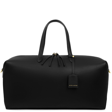 Black duffel bag with handle and visible brand name on a white background