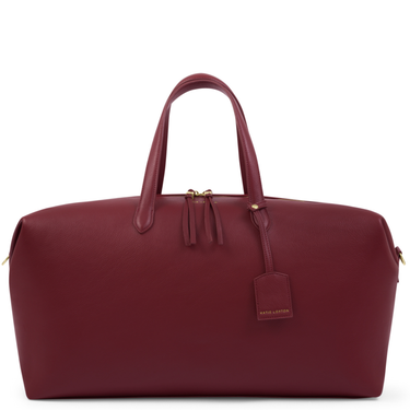 Maroon leather bag with gold accents on a white background