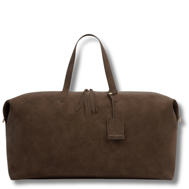 Brown suede duffel bag with a visible brand tag on a white background