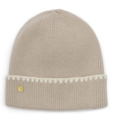 Beige knit beanie with white trim and gold button on a white background
