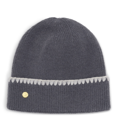 Gray knit beanie with a gold button on a white background