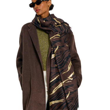 Person wearing a brown coat and patterned scarf on a white background