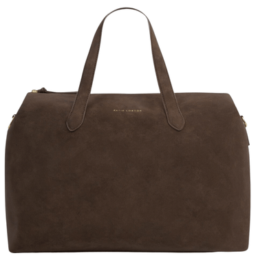 Brown leather bag with visible brand name on a white background