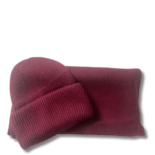 Maroon knit beanie and scarf set on a white background