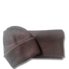 Brown knit beanie and scarf set on a white background