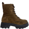 A brown suede lace-up boot with a chunky black sole, shown from a side profile view on a white background.