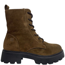 A brown suede lace-up boot with a chunky black sole, shown from a side profile view on a white background.