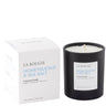 La Bougie Honeysuckle & Sea Salt scented candle in a matte black glass jar next to its white packaging box, on a clean white background.