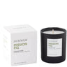 La Bougie Mission Fig scented candle shown with its white product box and the black glass jar candle on a clean white background.
