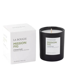 La Bougie Mission Fig scented candle shown with its white product box and the black glass jar candle on a clean white background.