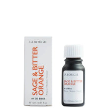 La Bougie Sage & Bitter Orange essential oil blend shown with its white retail box and dark amber bottle with a white cap on a plain white background.