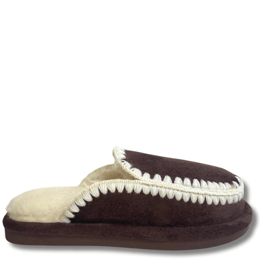 Brown slipper with white lining on a white background