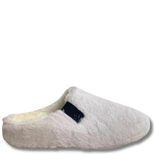 ladies-cream-faux-fur-slippers with black tab