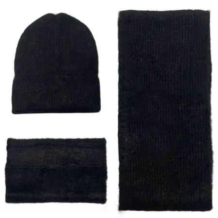 Ladies Fluffy Knitted Scarf, Hat & Fingerless Glove Set - Black