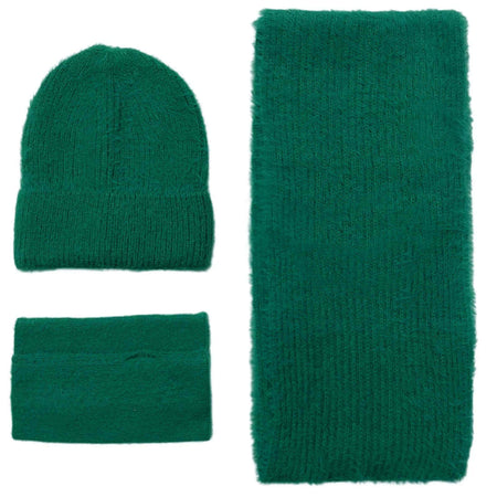 Ladies Fluffy Knitted Scarf, Hat & Fingerless Glove Set - Green