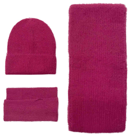 Ladies Fluffy Knitted Scarf, Hat & Fingerless Glove Set - Fuchsia Pink